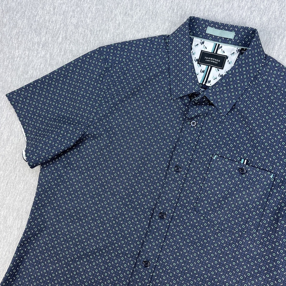 7 Diamonds 4-Way Stretch Shirt Mens S Short Sleeve Blue Emerald Isle Geometric
